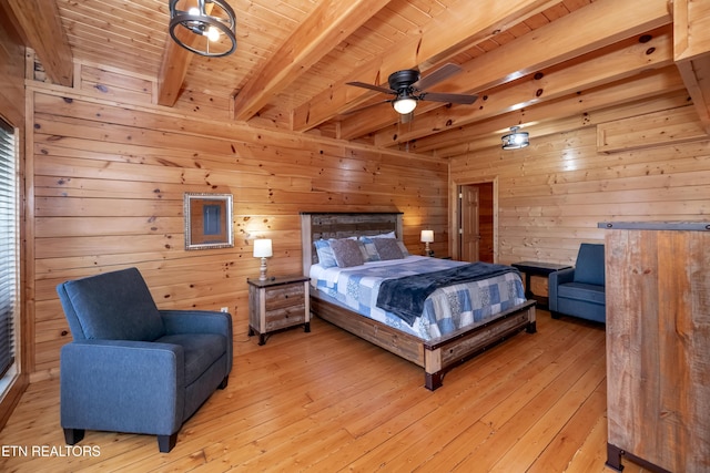 1032 Black Bear Cub Way, Sevierville, TN 37862 - bedroom featuring beam ceiling, wooden walls, light wood-style floors, and wooden ceiling
