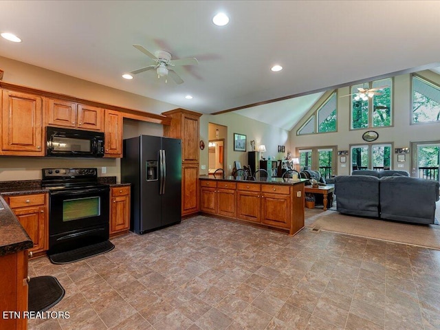 3428 Connie Ln, White Pine, TN 37890 - kitchen with black appliances, ceiling fan, brown cabinetry, a peninsula, and recessed lighting
