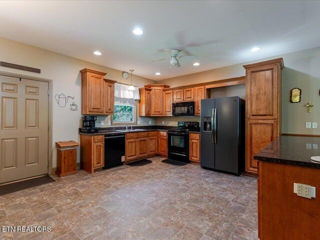 3428 Connie Ln, White Pine, TN 37890 - kitchen featuring black appliances, a ceiling fan, brown cabinets, a sink, and hanging light fixtures