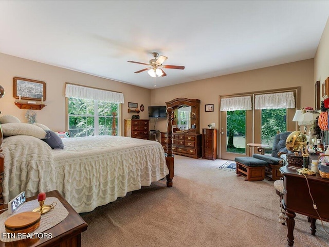 3428 Connie Ln, White Pine, TN 37890 - bedroom featuring access to outside, light carpet, and ceiling fan