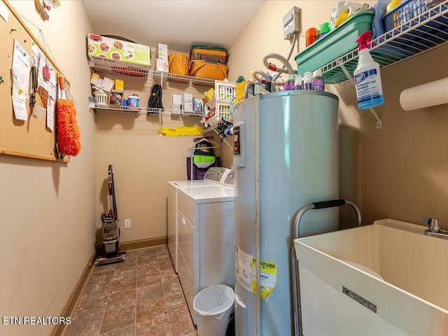 3428 Connie Ln, White Pine, TN 37890 - laundry room featuring water heater, washing machine and clothes dryer, stone finish flooring, and baseboards