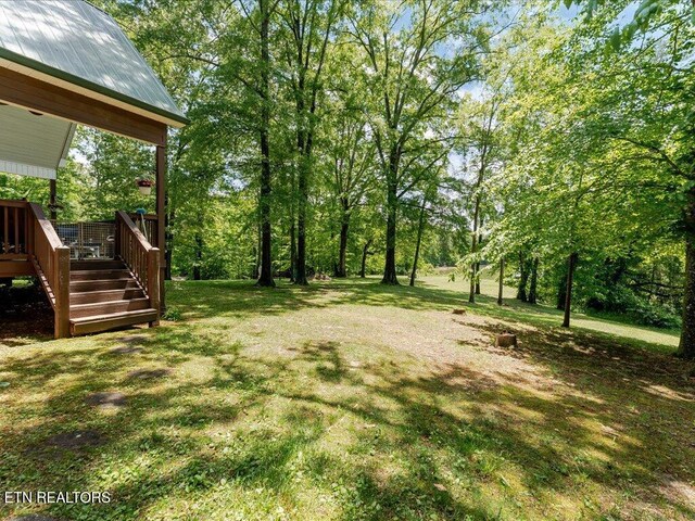 3428 Connie Ln, White Pine, TN 37890 - view of grassy yard featuring stairway, a wooden deck, and view of wooded area