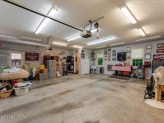 3428 Connie Ln, White Pine, TN 37890 - garage with freestanding refrigerator, a garage door opener, a sink, and electric panel