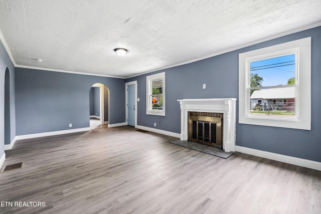 308 Nash Rd, Knoxville, TN 37914 - unfurnished living room featuring a textured ceiling, arched walkways, a glass covered fireplace, wood finished floors, and baseboards
