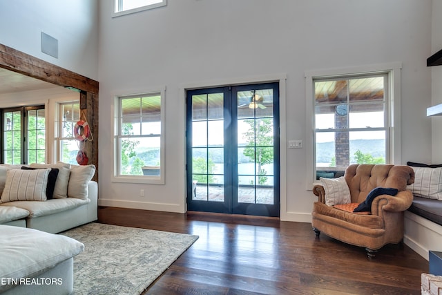 1510 Hickory Pointe Ln, Maynardville, TN 37807 - living area with french doors, dark wood-style flooring, and a towering ceiling