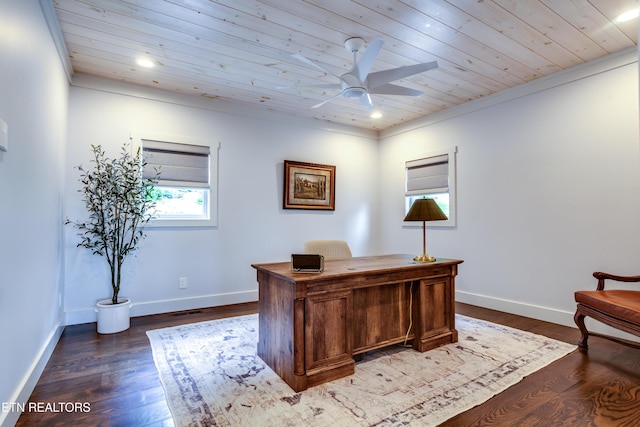 1510 Hickory Pointe Ln, Maynardville, TN 37807 - office with a ceiling fan, wood ceiling, dark wood-style flooring, and recessed lighting