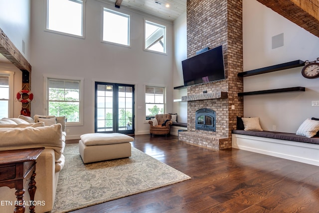 1510 Hickory Pointe Ln, Maynardville, TN 37807 - living room with a high ceiling, wood finished floors, a fireplace, plenty of natural light, and wooden ceiling