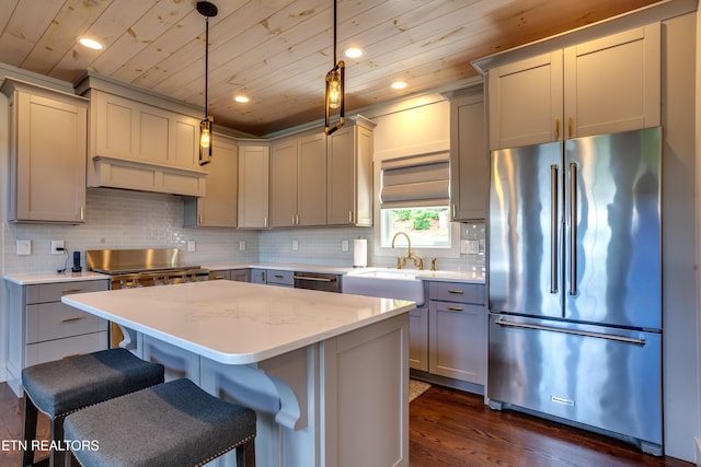 1510 Hickory Pointe Ln, Maynardville, TN 37807 - kitchen with stainless steel appliances, wooden ceiling, gray cabinets, dark wood-type flooring, and a center island