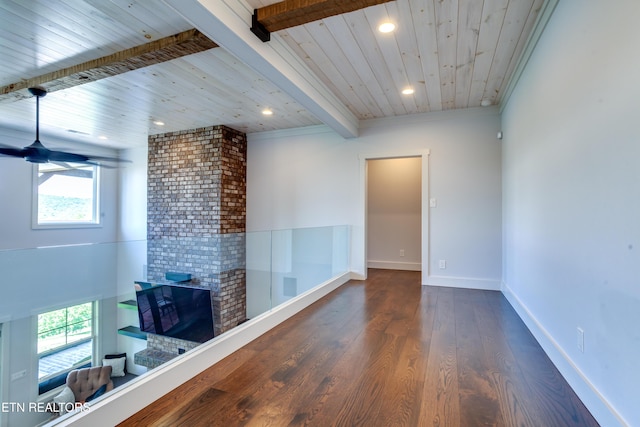 1510 Hickory Pointe Ln, Maynardville, TN 37807 - spare room with recessed lighting, plenty of natural light, wood finished floors, a wooden ceiling with exposed beams, and a fireplace