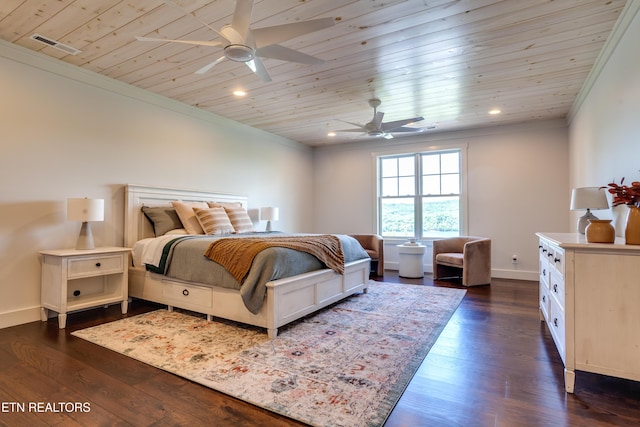 1510 Hickory Pointe Ln, Maynardville, TN 37807 - bedroom featuring wood ceiling, crown molding, dark wood-style flooring, recessed lighting, and a ceiling fan