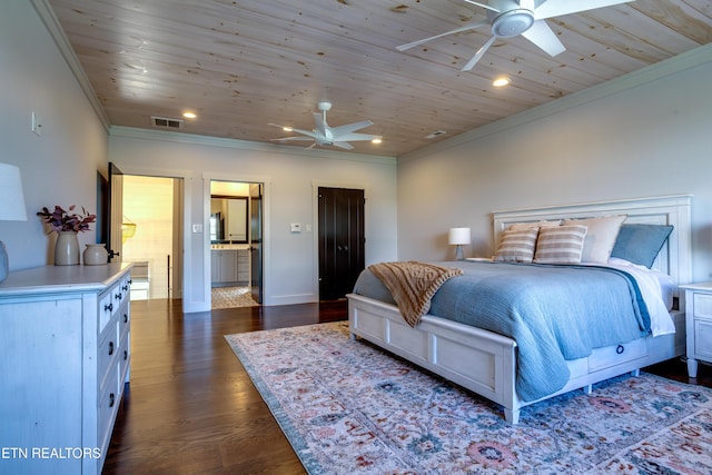 1510 Hickory Pointe Ln, Maynardville, TN 37807 - bedroom featuring crown molding, wood ceiling, dark wood-type flooring, a ceiling fan, and recessed lighting