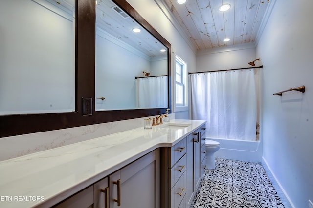 1510 Hickory Pointe Ln, Maynardville, TN 37807 - bathroom featuring recessed lighting, vanity, shower / bathtub combination with curtain, wooden ceiling, and crown molding