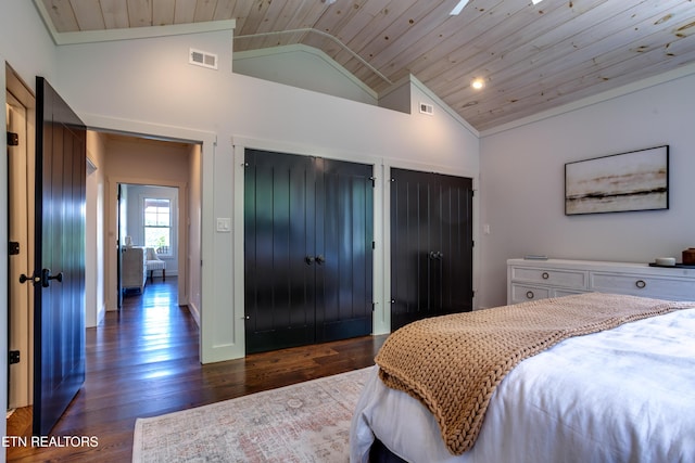 1510 Hickory Pointe Ln, Maynardville, TN 37807 - bedroom featuring multiple closets, dark wood-style floors, wood ceiling, and high vaulted ceiling