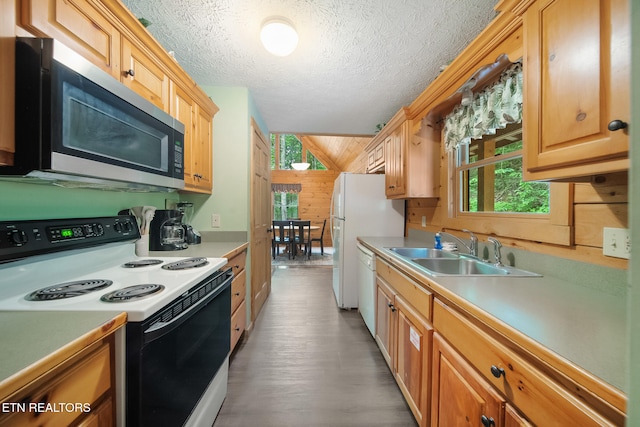 kitchen with range with electric cooktop, a sink, stainless steel microwave, wood walls, and dishwasher