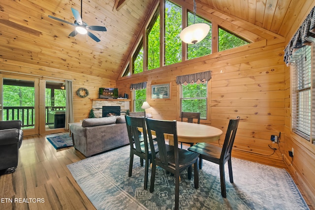 dining room featuring a fireplace, healthy amount of natural light, wood walls, wood-type flooring, and a ceiling fan