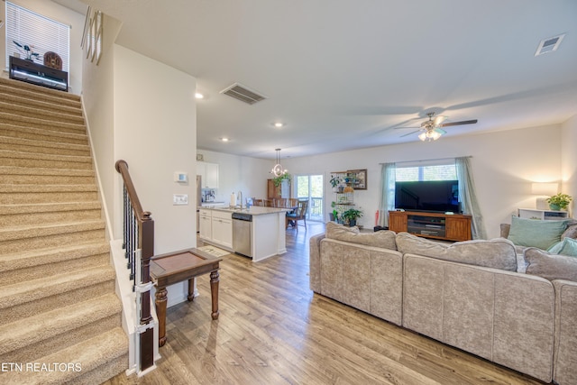 162 Harbour Pointe Ln, Oak Ridge, TN 37830 - living room with stairway, light wood finished floors, ceiling fan, and recessed lighting