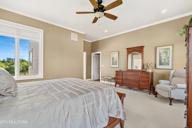 170 Blue Jay Ave, Vonore, TN 37885 - bedroom featuring ornamental molding, light colored carpet, ceiling fan, and recessed lighting