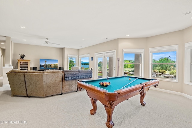 170 Blue Jay Ave, Vonore, TN 37885 - playroom featuring light carpet, recessed lighting, billiards table, and ceiling fan