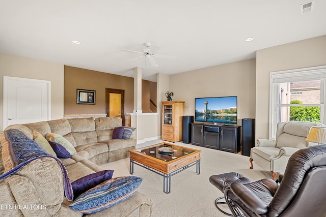 170 Blue Jay Ave, Vonore, TN 37885 - living room with a ceiling fan, carpet floors, and recessed lighting
