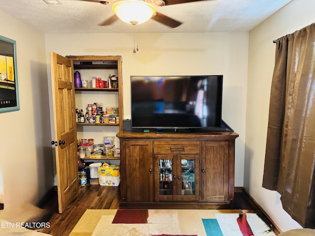 living room with dark wood finished floors and a ceiling fan