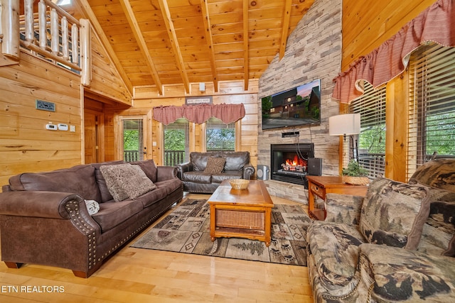 2006 Cougar Crossing Way, Sevierville, TN 37862 - living room with hardwood / wood-style floors, a fireplace, wooden ceiling, wooden walls, and high vaulted ceiling