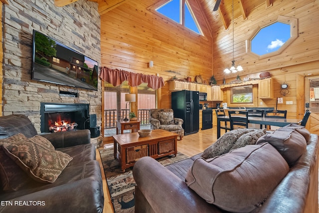 2006 Cougar Crossing Way, Sevierville, TN 37862 - living area with high vaulted ceiling, wood walls, wooden ceiling, a fireplace, and light wood-style flooring