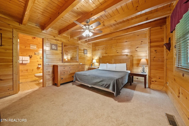 2006 Cougar Crossing Way, Sevierville, TN 37862 - bedroom featuring carpet flooring, beam ceiling, wooden ceiling, wooden walls, and ensuite bath