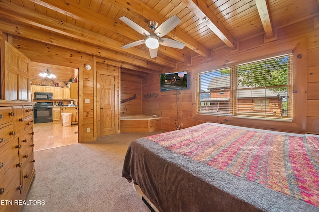 2006 Cougar Crossing Way, Sevierville, TN 37862 - bedroom featuring wooden ceiling, beam ceiling, wooden walls, and light carpet