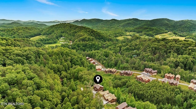 bird's eye view of a heavily wooded area and a mountainous background