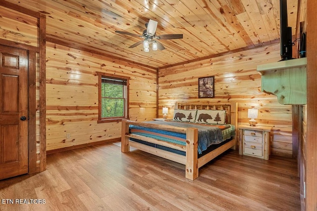bedroom featuring wooden ceiling, light wood-type flooring, and wood walls