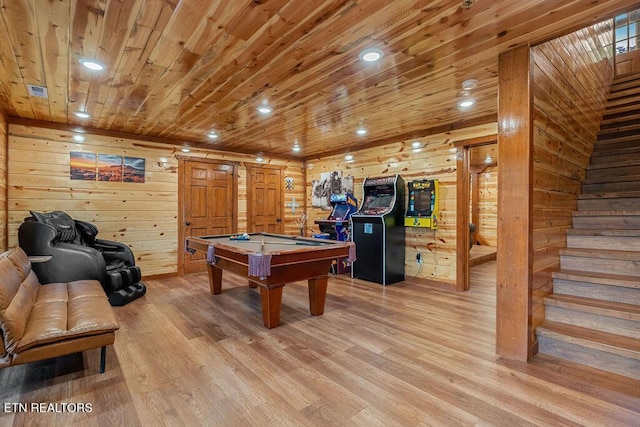game room with billiards table, light wood finished floors, wooden ceiling, wooden walls, and recessed lighting
