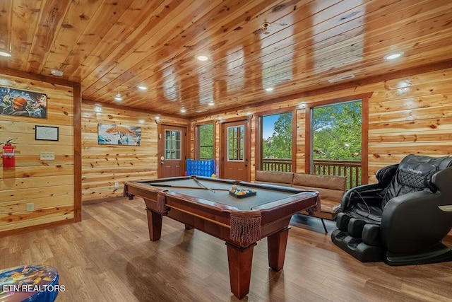 game room with wooden ceiling, billiards, light wood finished floors, and recessed lighting