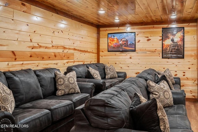 living room featuring wooden ceiling, wood finished floors, wooden walls, and recessed lighting
