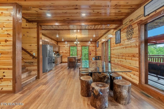 dining area featuring wood ceiling, light wood-type flooring, wooden walls, and recessed lighting