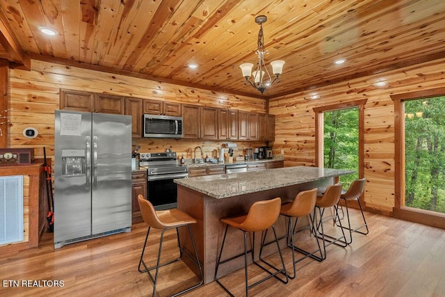 kitchen with appliances with stainless steel finishes, wooden ceiling, light wood-type flooring, a kitchen bar, and a center island