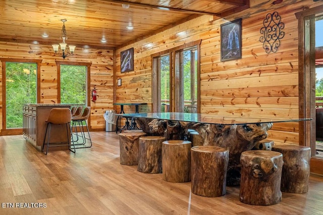 sitting room featuring wood ceiling, wood finished floors, a chandelier, a bar, and recessed lighting