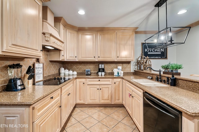 kitchen featuring black appliances, a sink, a peninsula, tasteful backsplash, and custom exhaust hood