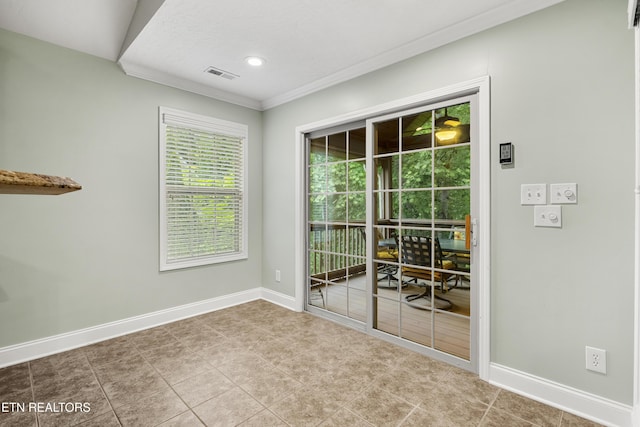 unfurnished room featuring crown molding, baseboards, recessed lighting, tile patterned floors, and a textured ceiling