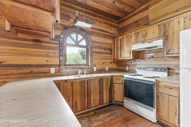 313 W Spring St, Oliver Springs, TN 37840 - kitchen featuring white appliances, under cabinet range hood, light countertops, a sink, and wood walls