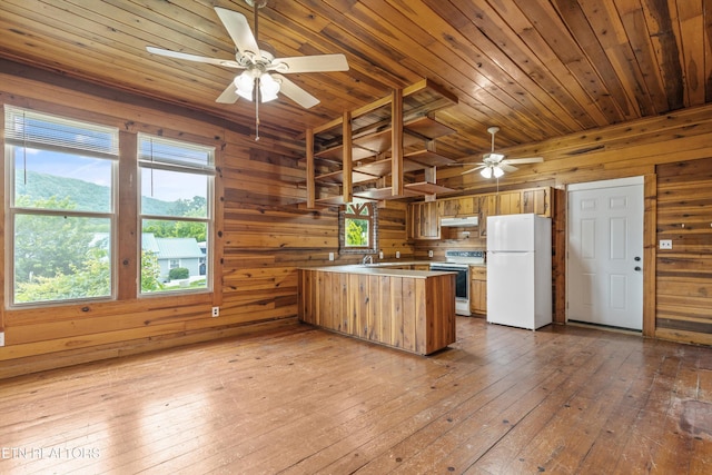 313 W Spring St, Oliver Springs, TN 37840 - kitchen featuring white appliances, a ceiling fan, wood ceiling, a peninsula, and wood walls