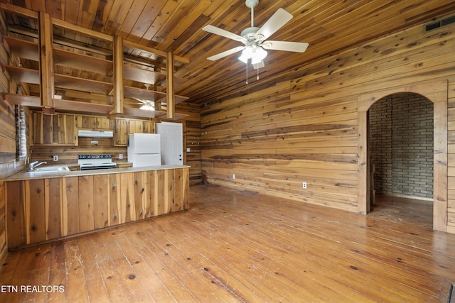 313 W Spring St, Oliver Springs, TN 37840 - kitchen with white appliances, wooden ceiling, wood walls, a peninsula, and light wood-type flooring