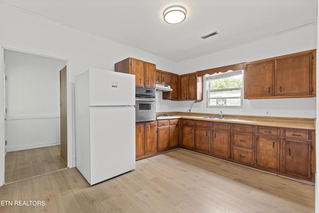 313 W Spring St, Oliver Springs, TN 37840 - kitchen with appliances with stainless steel finishes, under cabinet range hood, a sink, light wood-style floors, and light countertops