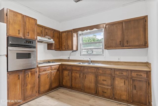 313 W Spring St, Oliver Springs, TN 37840 - kitchen with appliances with stainless steel finishes, under cabinet range hood, a sink, light wood-style floors, and light countertops
