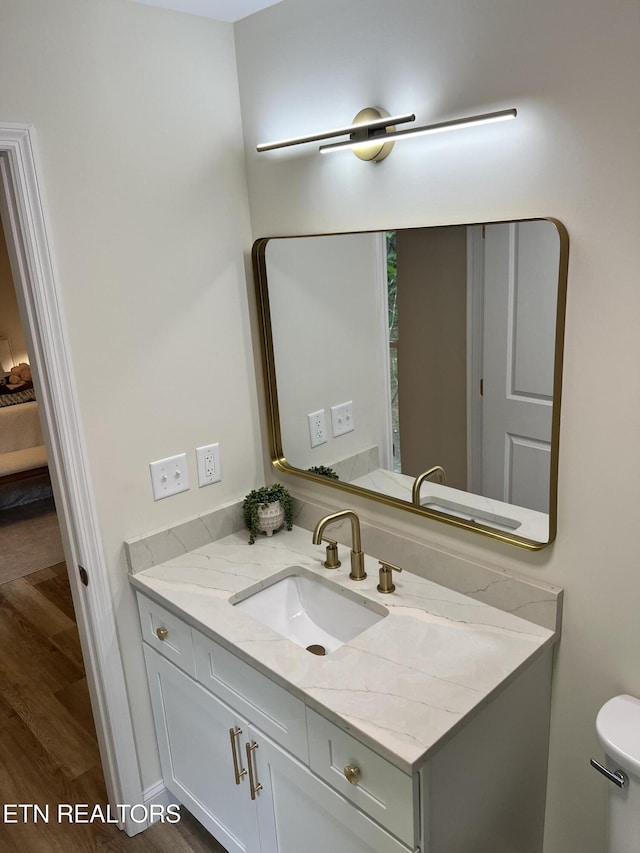 bathroom with wood finished floors and vanity