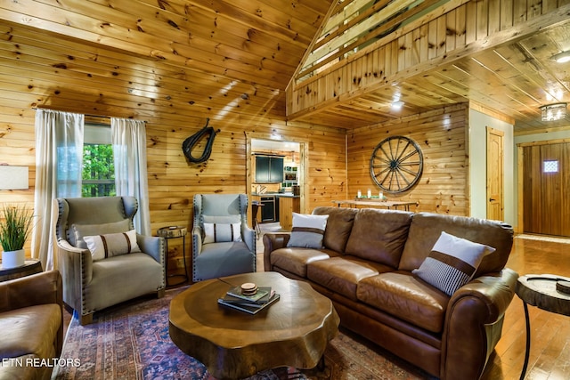 3330 Robeson Rd, Sevierville, TN 37862 - living room featuring healthy amount of natural light, wooden walls, wooden ceiling, wood-type flooring, and lofted ceiling