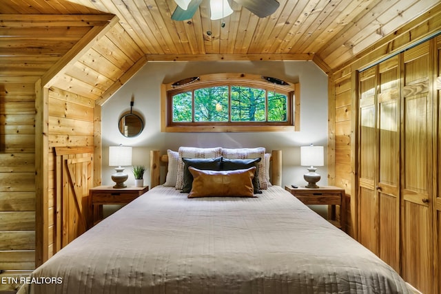 3330 Robeson Rd, Sevierville, TN 37862 - bedroom featuring vaulted ceiling, wooden ceiling, and ceiling fan