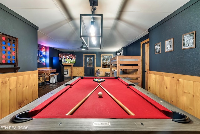 3330 Robeson Rd, Sevierville, TN 37862 - playroom with wainscoting, billiards table, ceiling fan, and wooden walls