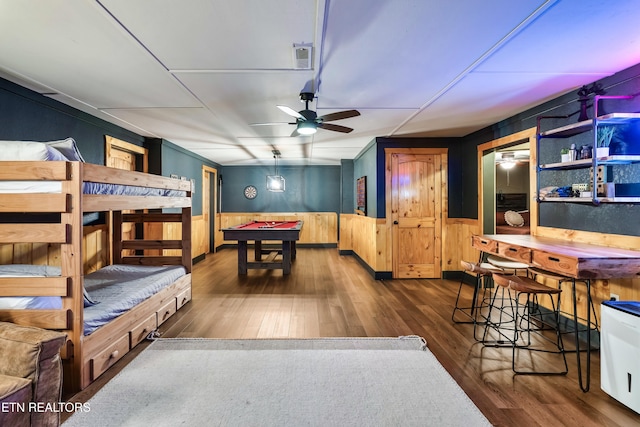3330 Robeson Rd, Sevierville, TN 37862 - rec room with wood finished floors, a ceiling fan, pool table, wainscoting, and wood walls