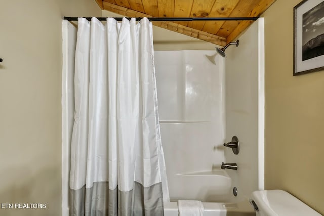3330 Robeson Rd, Sevierville, TN 37862 - bathroom with wooden ceiling, shower / tub combo, and toilet