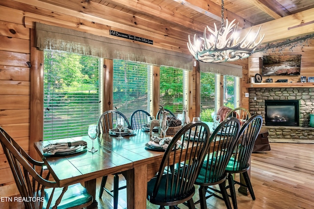 dining room with wood ceiling, wooden walls, wood finished floors, beam ceiling, and a chandelier